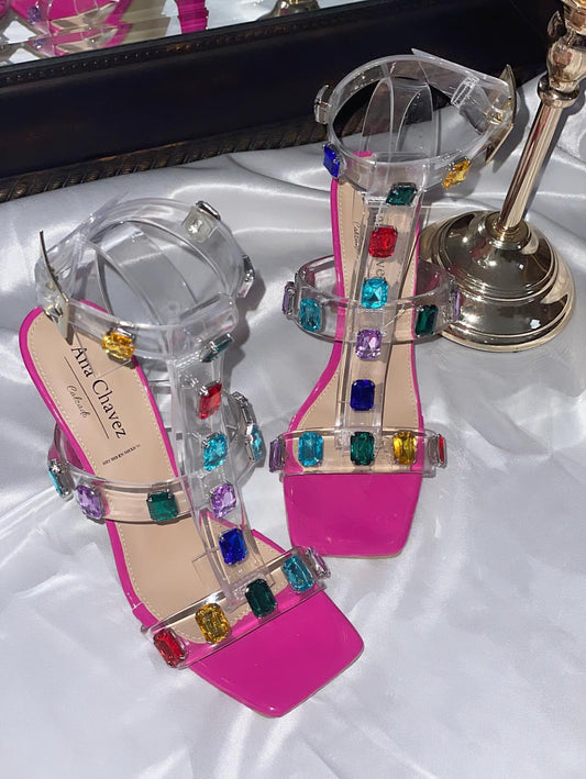 Square toe sandal with colorful crystal rhinestone decoration